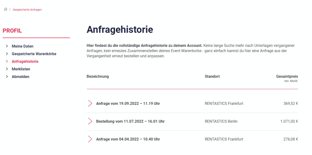 Anfrage- & Bestellhistorie in deinem RENTASTICS User-Konto