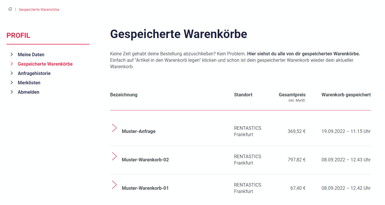 Gespeicherte Warenkörbe in deinem RENTASTICS User-Konto.