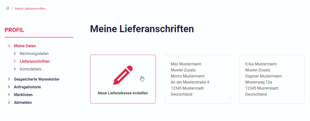 Lieferanschriften an legen im neuen RENTASTICS User-Konto