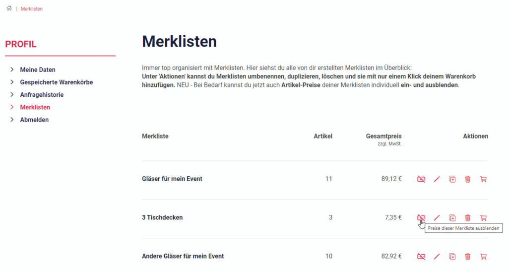 Merklisten im neuen RENTASTICS User-Konto anlegen